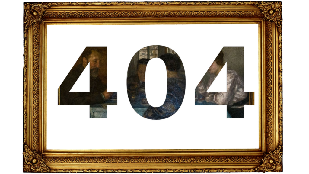 Złota rama, w srodku napis 404 przez który widac obraz przedstawiający kilka osób.
