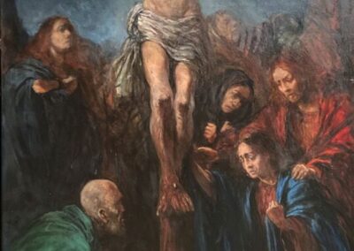 Obraz Antoniego Cygana. Chrystus wisi na krzyżu otoczony rozpaczającymi wyznawcami.