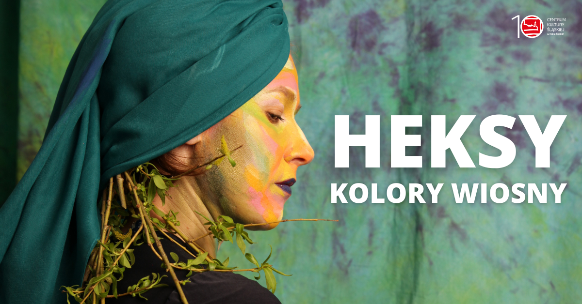 Kobieta w zielonym turbanie z pomalowana twarzą. Na zielono-fioletowym tle napis Heksy kolory wiosny